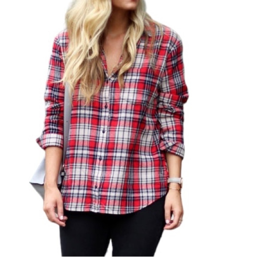 Madewell Oversized Red Navy Blue Plaid Flannel Button Down Shirt - L